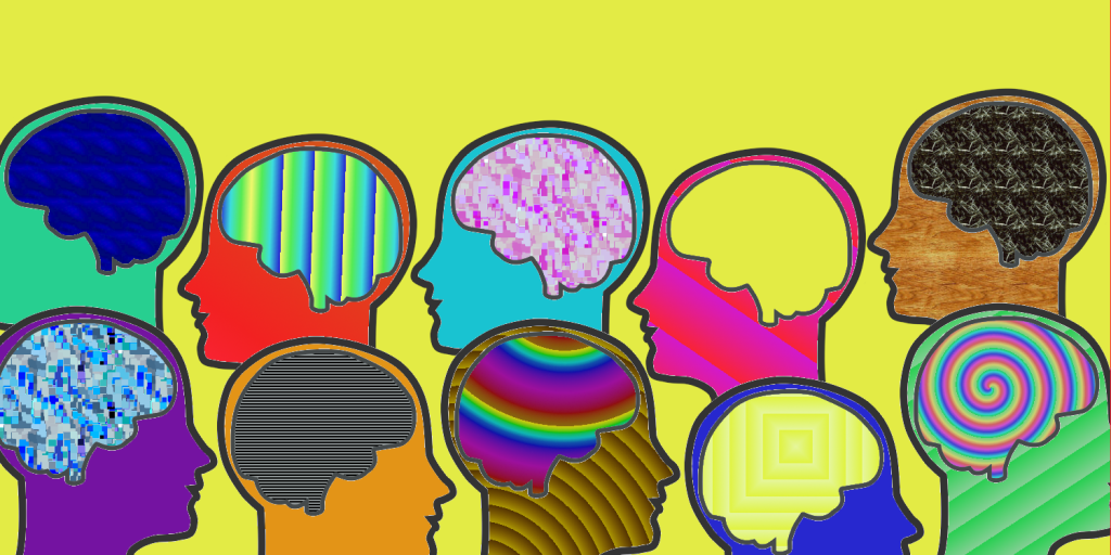 Illustration of diverse human heads in profile, each with different colorful brain patterns symbolizing varied cognitive processes and neurodiversity, against a bright yellow background.