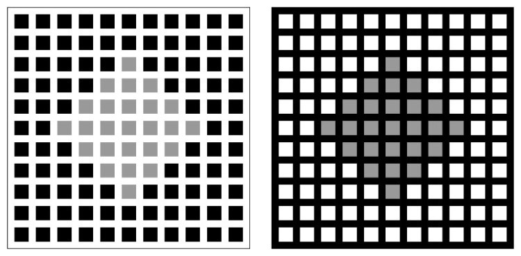 Two contrasting grid patterns illustrating optical illusions. The left grid features lighter gray squares against a white background, creating a sense of depth, while the right grid displays darker gray squares on a black background, enhancing the visual effect.