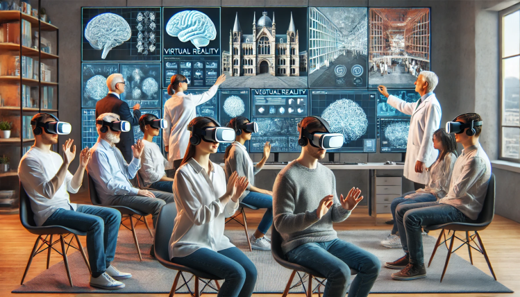 A group of individuals wearing virtual reality headsets sits in a modern room, engaging with a presentation projected on large screens in front of them, showcasing brain imagery and architectural visuals.