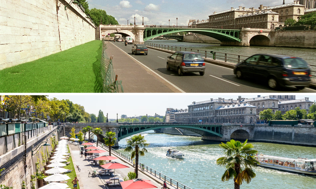 Imagen dividida que muestra la transformación de un paseo fluvial en París. La parte superior muestra un camino con tráfico vehicular, mientras que la parte inferior presenta un espacio peatonal con bancos, sombrillas y vegetación.