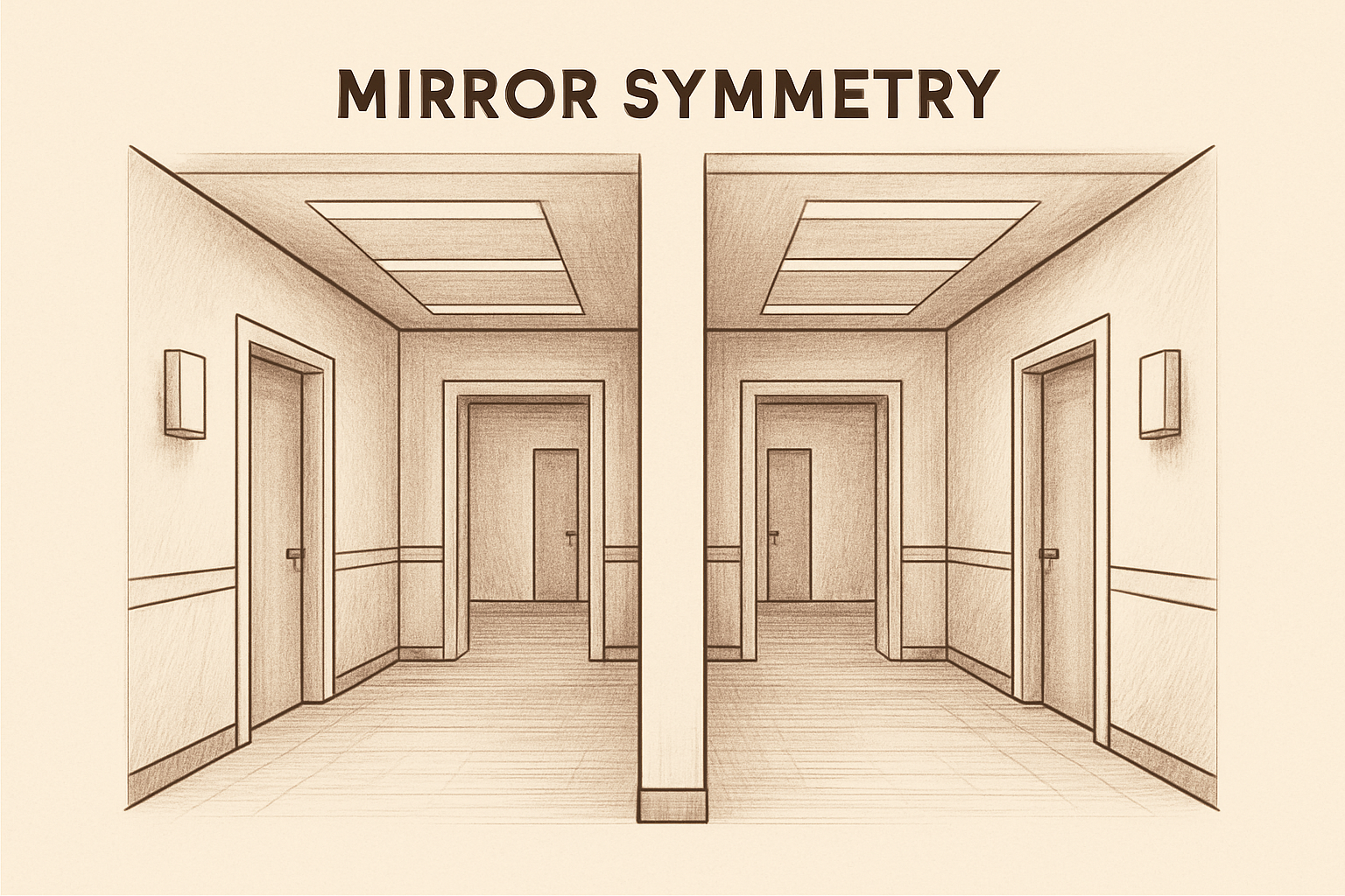 An illustration depicting a mirrored corridor with two identical halves, showcasing mirror symmetry in architectural design.