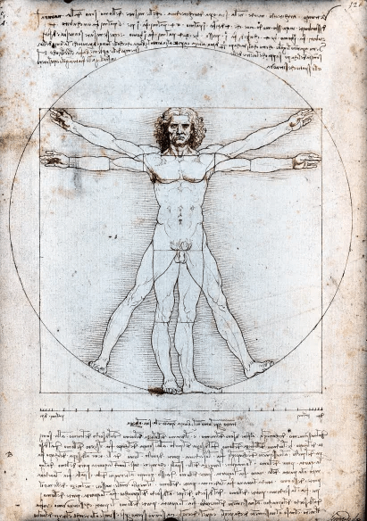 Drawing of the Vitruvian Man by Leonardo da Vinci, depicting a male figure in two superimposed positions with arms and legs outstretched, inscribed in a circle and a square, illustrating proportions of the human body.