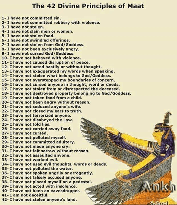 An illustration of the 42 Divine Principles of Maat, featuring a winged goddess with an Egyptian style, listing ethical guidelines associated with truth and justice.