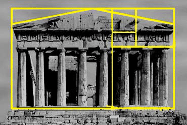 Diagram illustrating the Parthenon with overlaid golden ratio grid lines to emphasize the harmony and proportion in its architectural design.