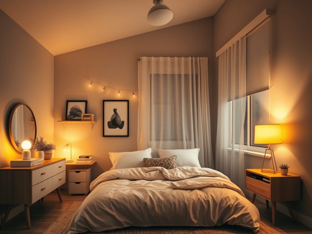 A cozy and stylish bedroom featuring a double bed with soft linen, warm ambient lighting from bedside lamps, a round mirror, and artwork on the walls. Sheer curtains allow natural light to filter in, creating a relaxing atmosphere.