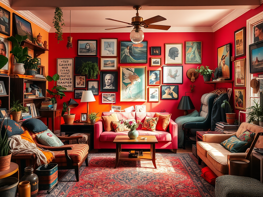 Cozy living room featuring a vibrant red wall adorned with various framed artworks, a pink sofa with colorful cushions, and plants enhancing the warm atmosphere.