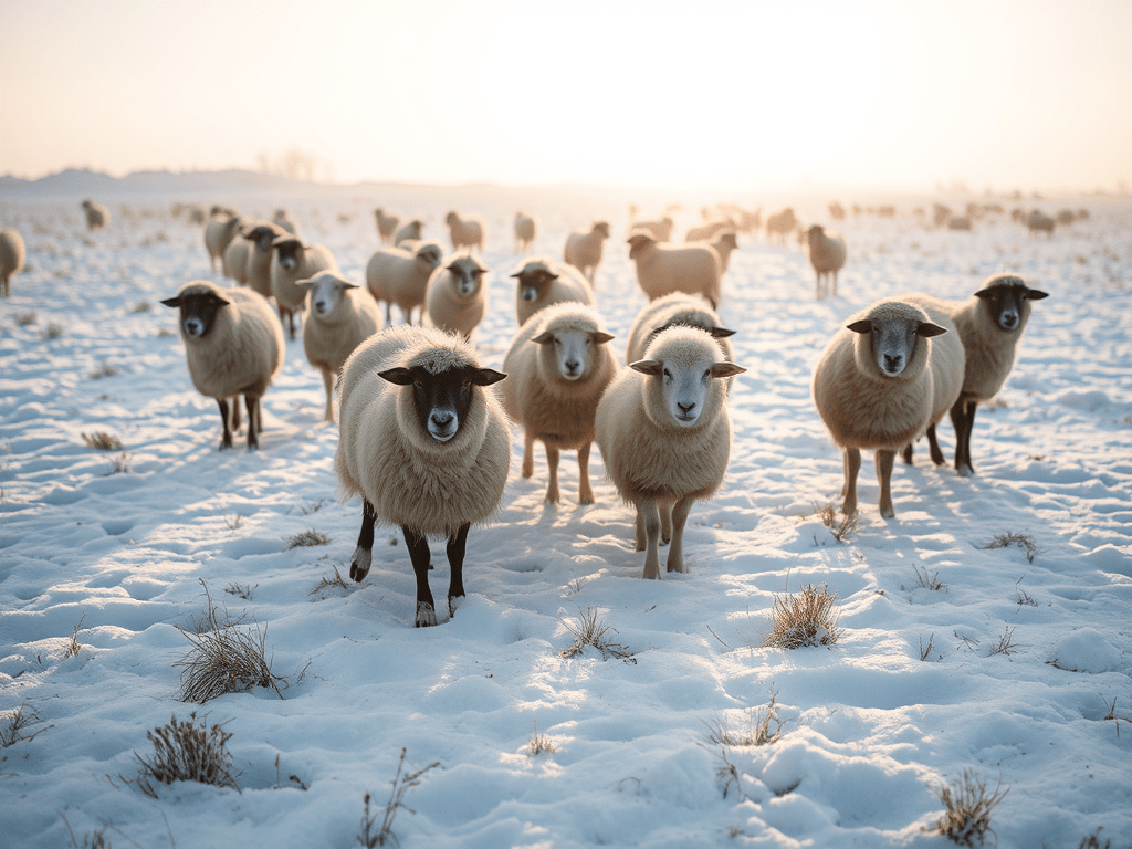 A group of sheep walking through a snowy landscape, with the sun shining in the background.