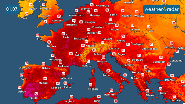 Heat map of Europe showing temperature variations in cities, with high temperatures indicated in red.