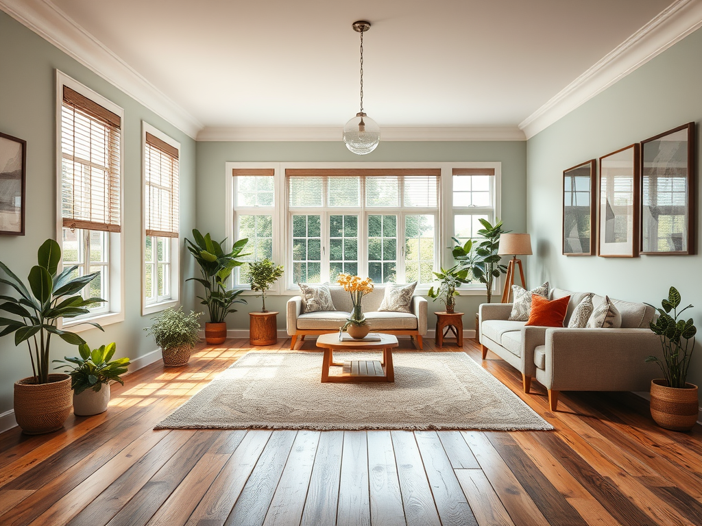 A cozy and well-lit living room featuring light green walls, wooden floors, and large windows with natural light. The space includes two sofas with decorative pillows, a coffee table, potted plants, and a warm atmosphere.