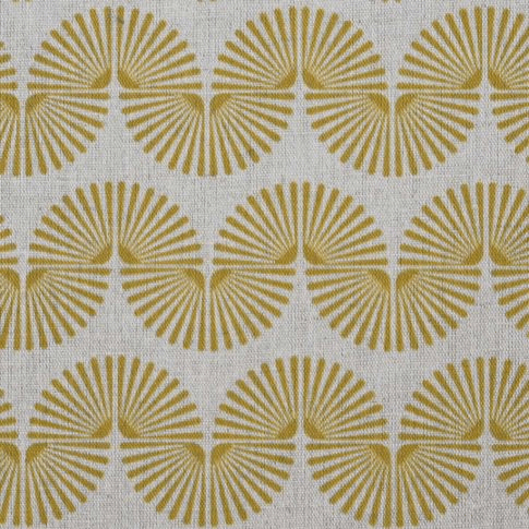 A pattern of yellow fan-shaped designs arranged in a repetitive wave-like formation on a light background.