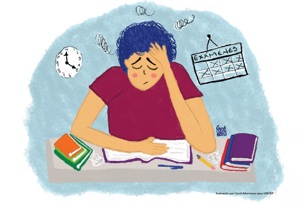 Ilustración de una estudiante estresada, con la mano en la cabeza, rodeada de libros y materiales de estudio, y un reloj y un calendario marcando la fecha de exámenes.