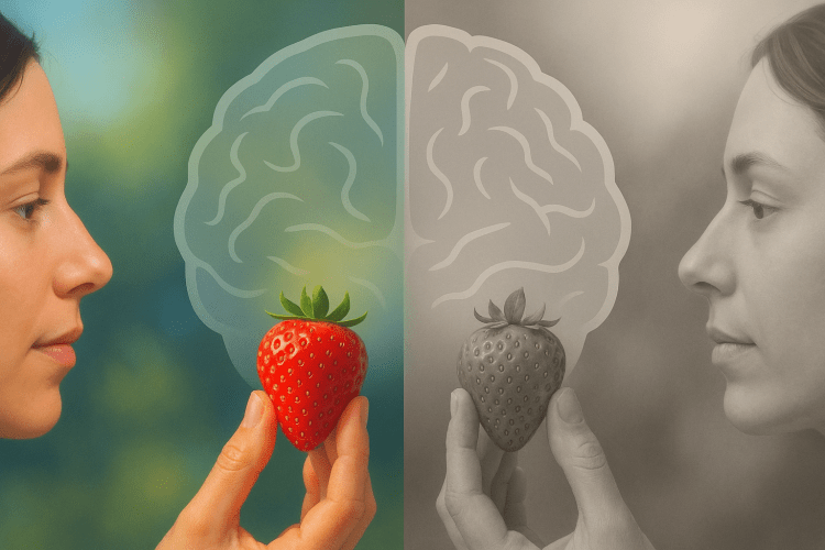 A woman holds a vibrant red strawberry in one hand and a grey-scale version in the other, illustrating the concept of perception and color in the brain.