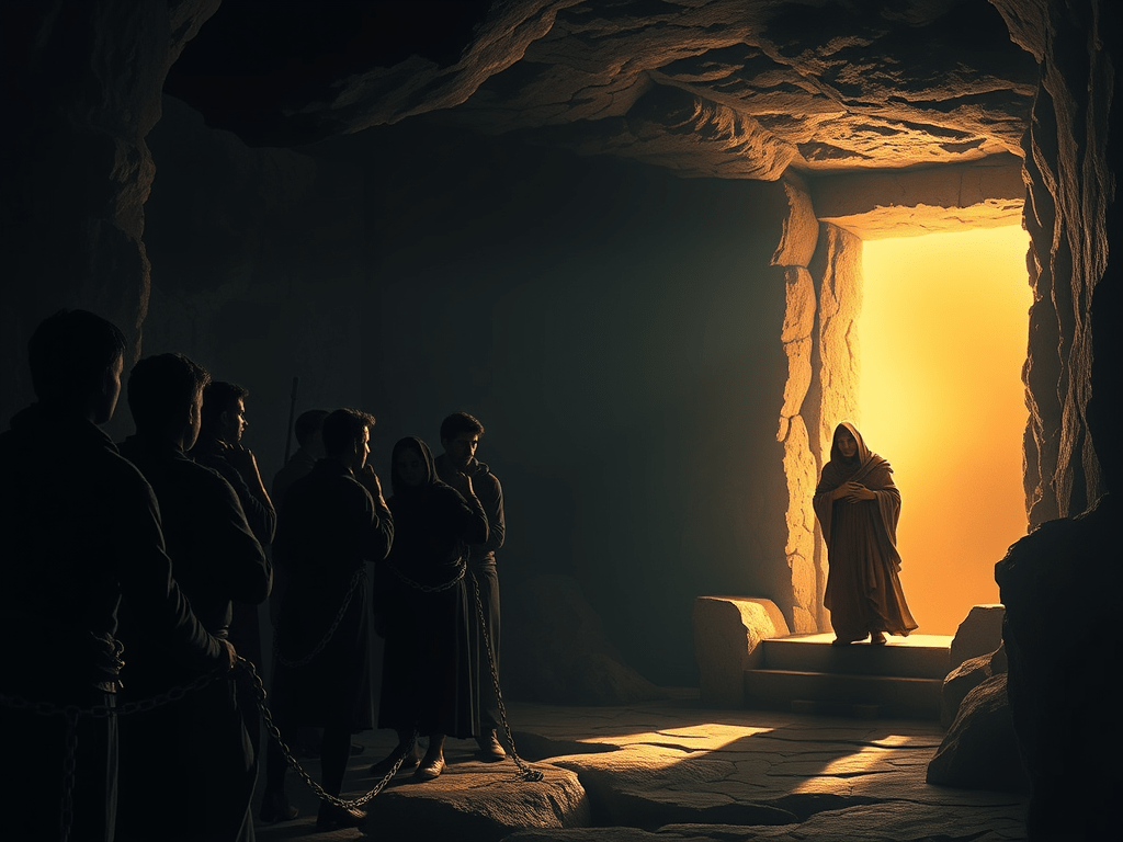 A scene depicting prisoners chained in a dark cave, facing the wall while a figure in a robe stands in the illuminated entrance, symbolizing the contrast between shadows and reality.