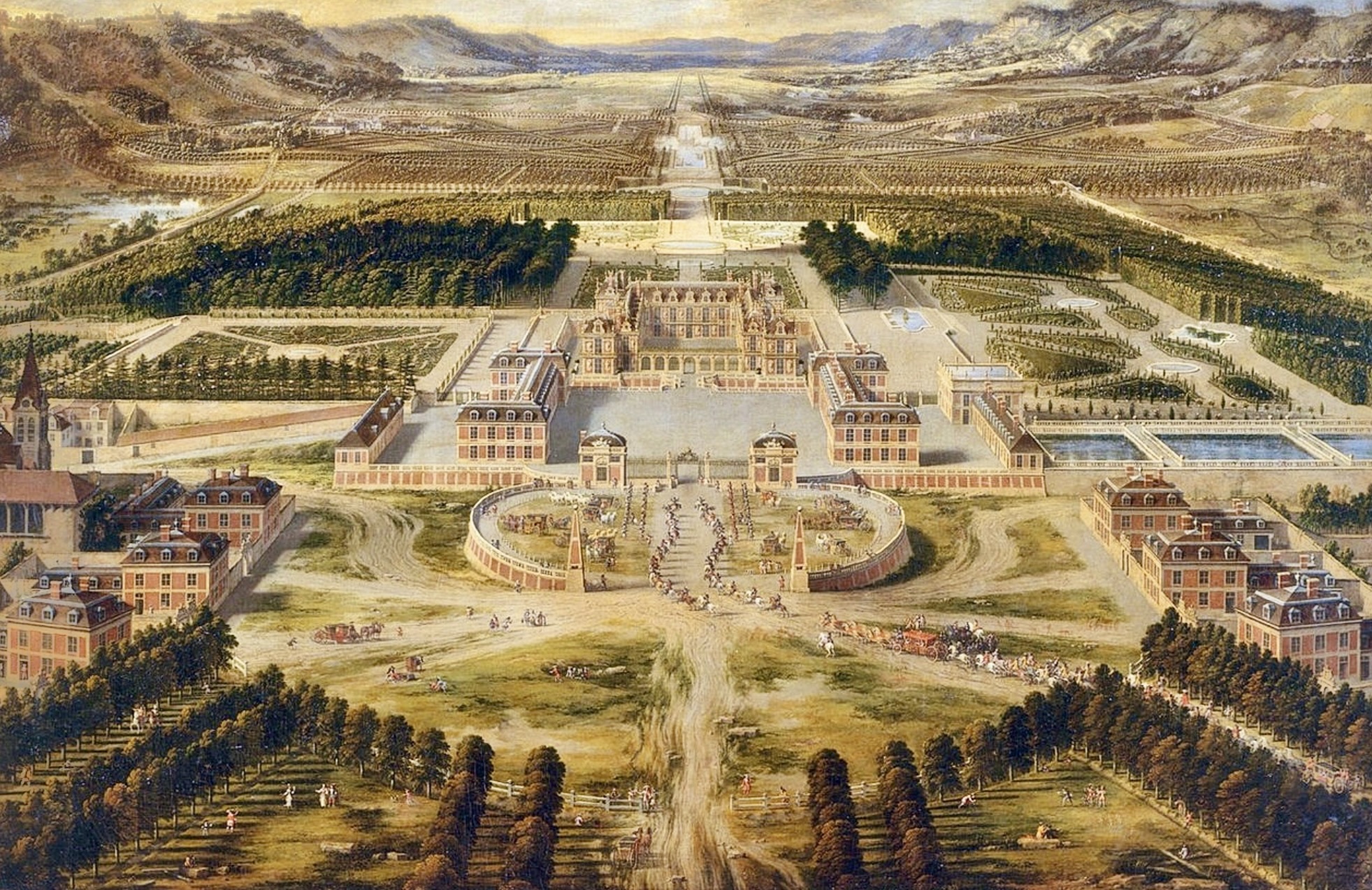 Aerial view of the Palace of Versailles, showcasing its grand architecture, expansive gardens, and meticulously arranged landscaping.