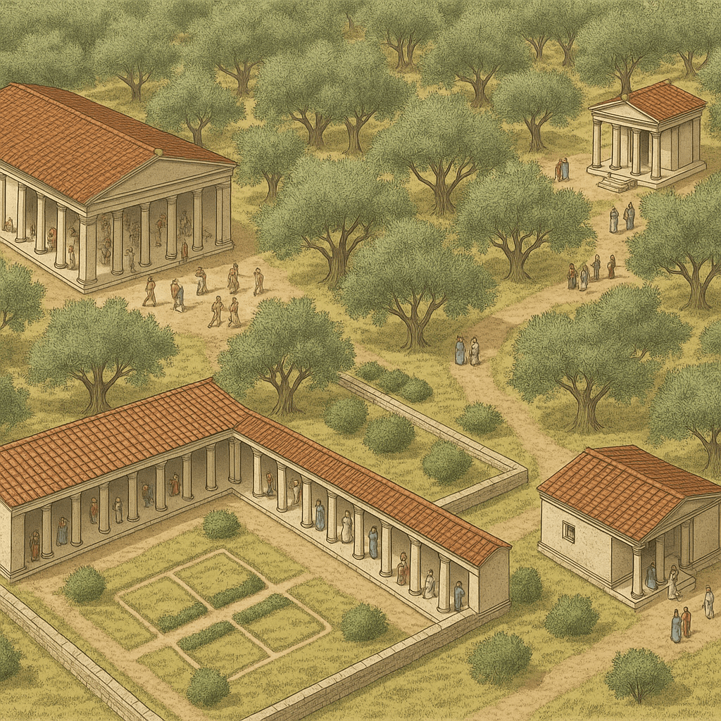 An illustration of an ancient Greek educational setting, featuring classical buildings, pathways, and people engaged in discussions and activities among olive trees.