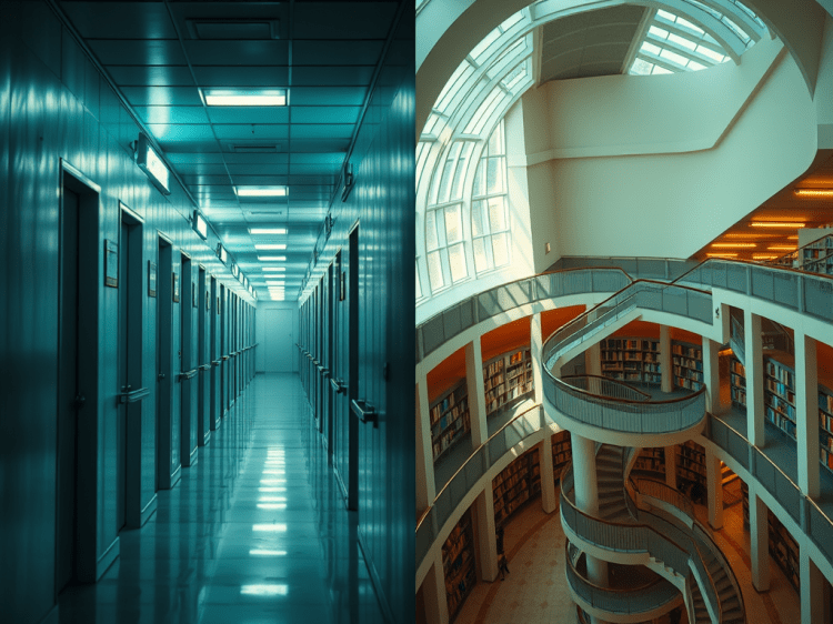 A dimly lit corridor with identical doors lining the walls and buzzing fluorescent lights overhead, evoking a sense of confusion and tension.