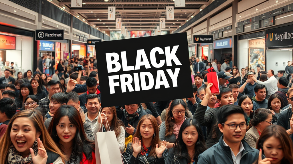 Crowd of shoppers in a mall during Black Friday, with a prominent sign reading 'BLACK FRIDAY'.