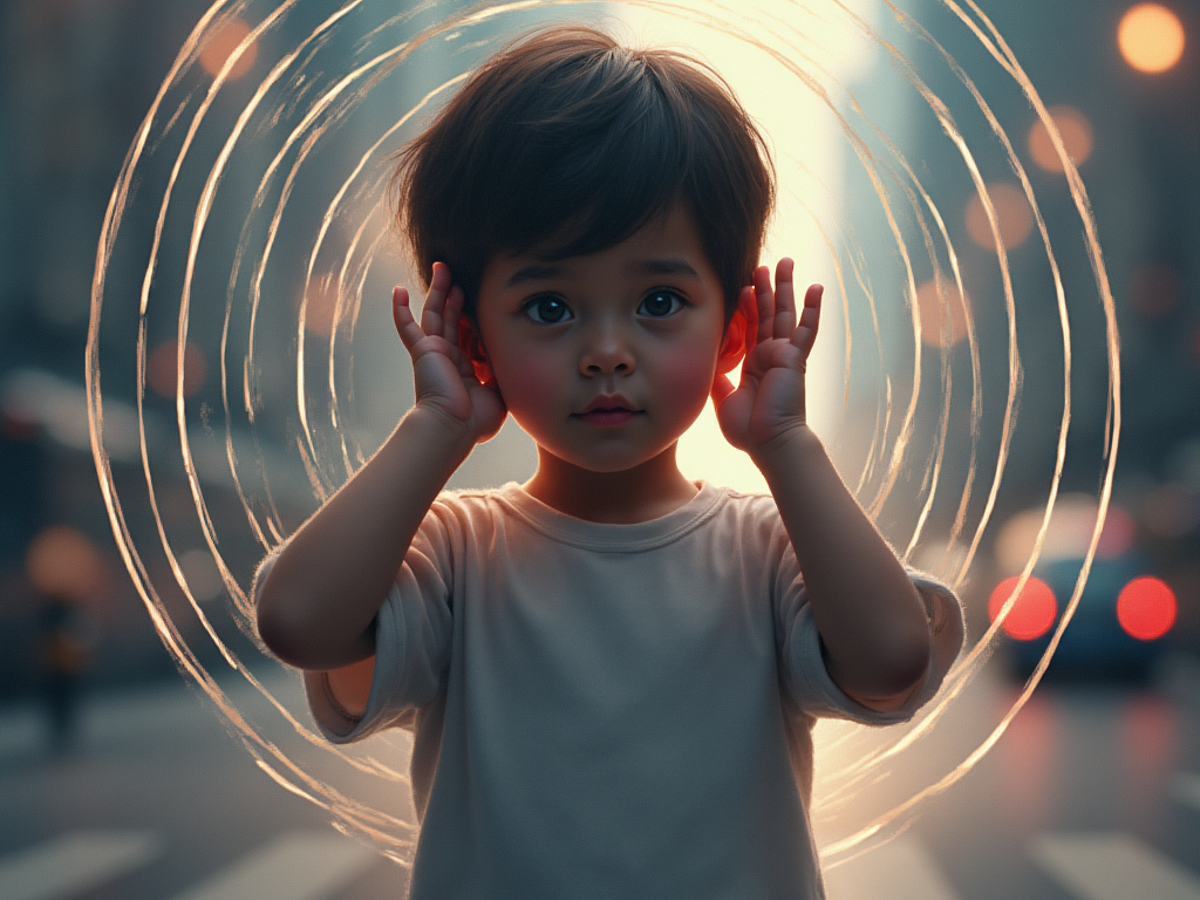 Niño pequeño en una ciudad, cubriéndose los oídos mientras ondas sonoras se representan visualmente a su alrededor.