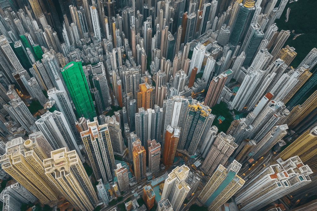 Aerial view of a dense urban landscape featuring numerous high-rise buildings and skyscrapers, showcasing a concrete jungle with minimal greenery.