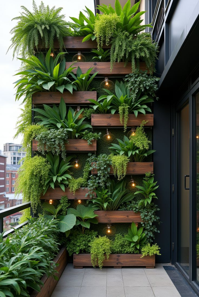 Vertical garden with various lush green plants and wooden shelves, illuminated by hanging lights, creating a natural and inviting atmosphere.