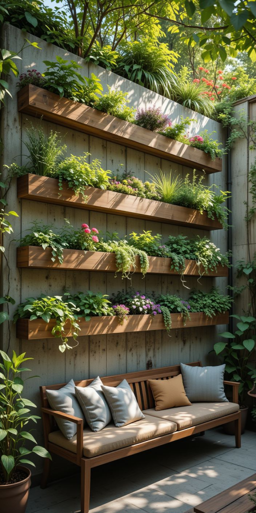A cozy outdoor space featuring a wooden bench adorned with cushions, surrounded by vertical plant shelves filled with various greenery and flowers against a concrete wall.