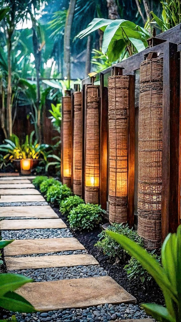 A serene garden pathway lined with lanterns, surrounded by lush greenery and tropical plants.