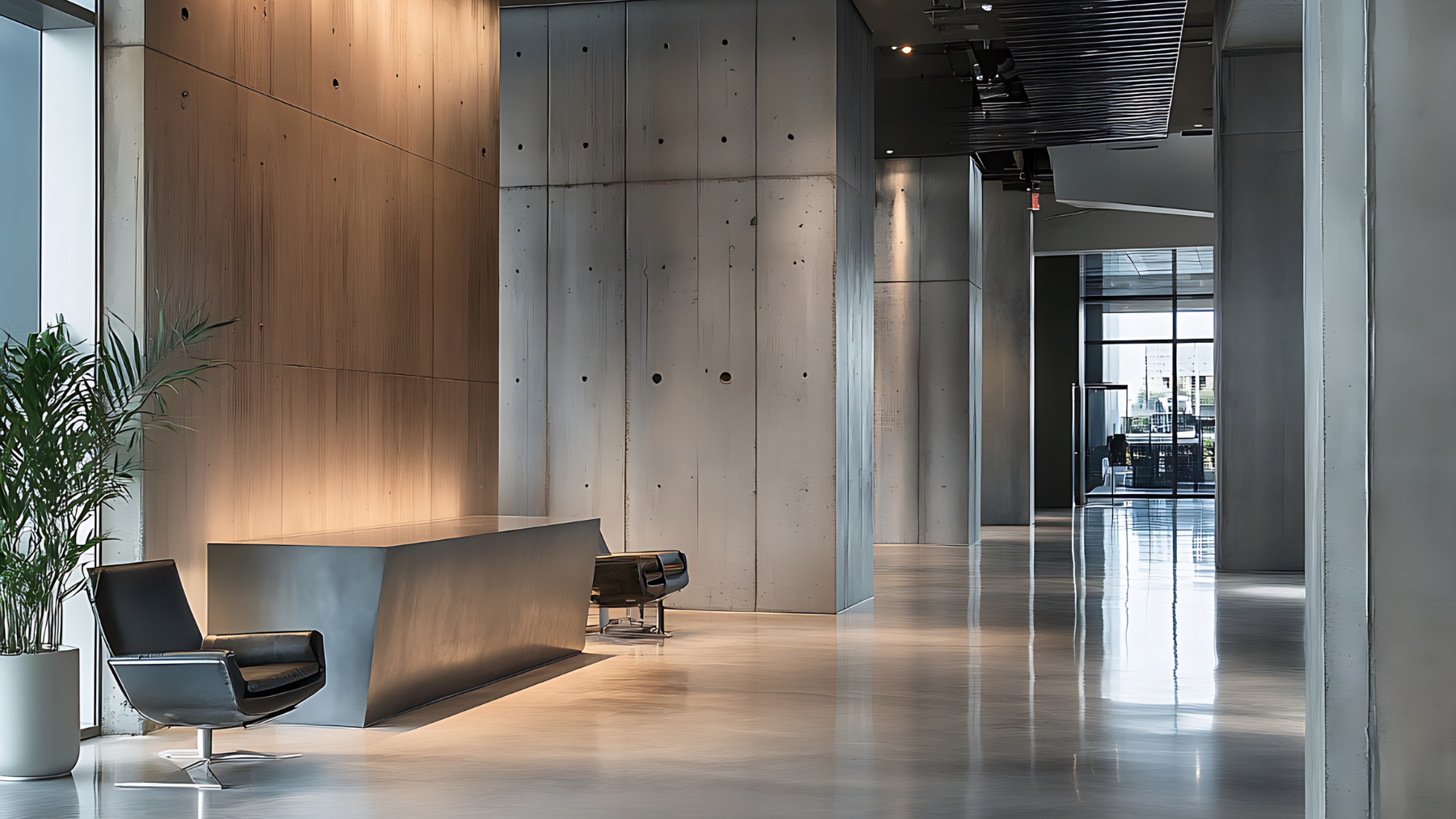 Interior moderno de un edificio con paredes de concreto y madera, iluminación suave, un mostrador minimalista y sillas de diseño contemporáneo.