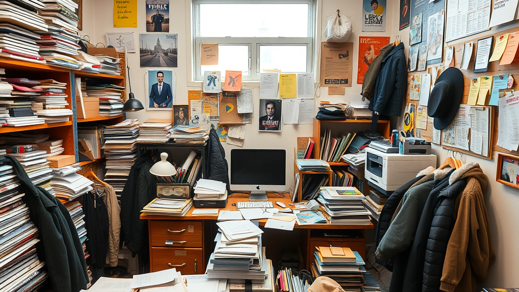 A cluttered workspace filled with stacks of papers, books, and printed materials, with a computer and desk lamp visible, suggesting a chaotic and disorganized environment.