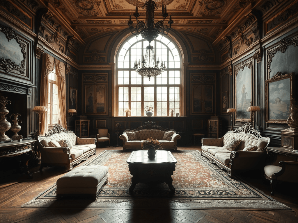 Interior de una lujosa sala de estar con decoración clásica, muebles elegantes, una gran ventana que permite la entrada de luz natural y un candelabro de cristal.