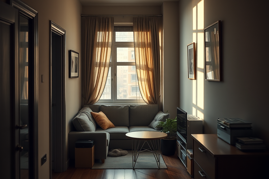 Sala y comedor de un apartamento pequeño con un sofá gris, una mesa de café y una ventana iluminada con cortinas. Hay plantas decorativas y una estantería con libros.