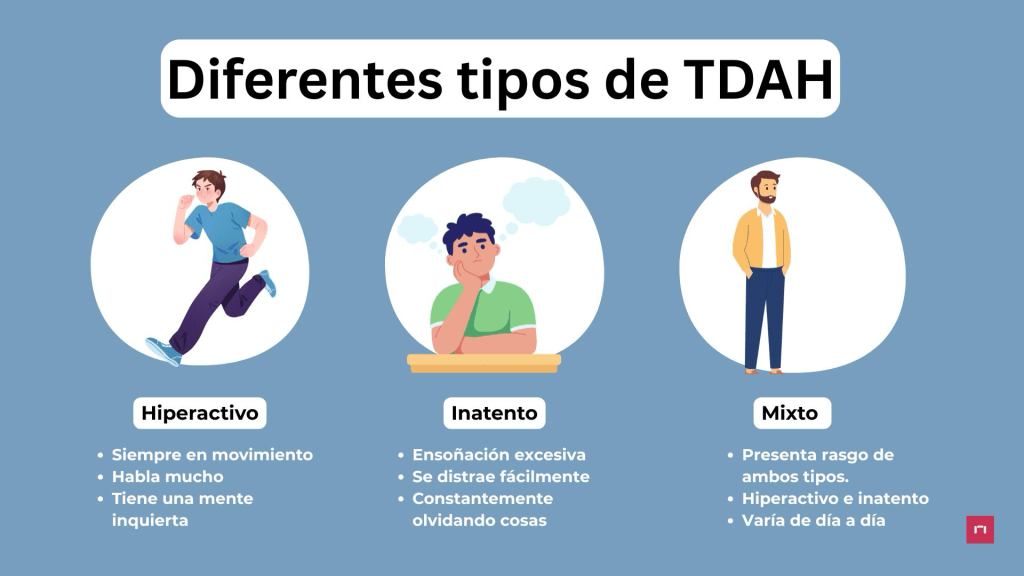 Infografía que describe los diferentes tipos de Trastorno por Déficit de Atención e Hiperactividad (TDAH), incluyendo características de los tipos hiperactivo, inatento y mixto. Cada tipo tiene un ícono representativo y una breve descripción de sus rasgos.