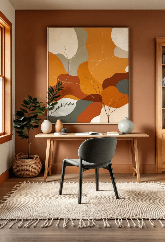 A cozy workspace featuring a wooden desk with a decorative vase, books, and a plant, against a warm, earthy-toned wall adorned with abstract art.