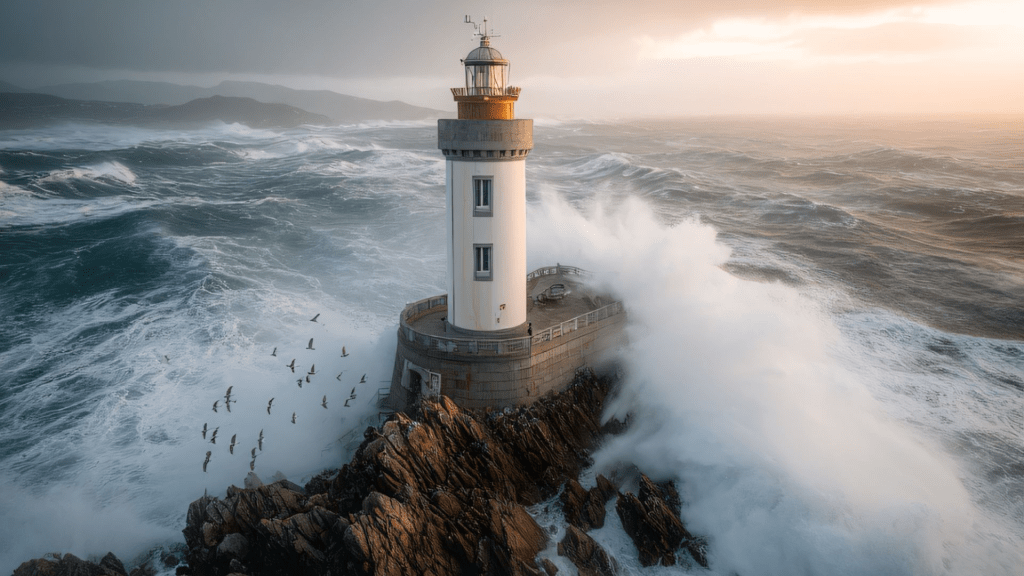 A lighthouse standing on rocky cliffs, surrounded by turbulent waves and a stormy sky, with birds flying nearby.