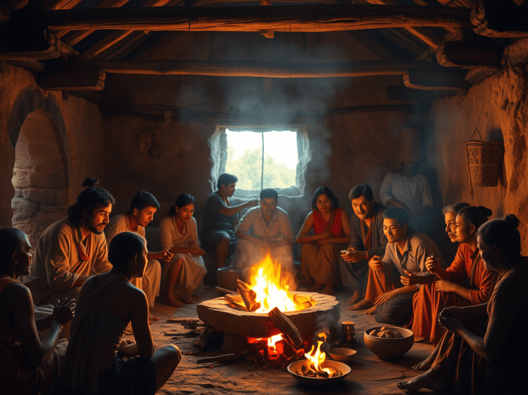 A group of people sitting around a fire in a rustic indoor setting, engaged in conversation. The warm glow of the fire illuminates the room, highlighting their expressions and traditional attire.