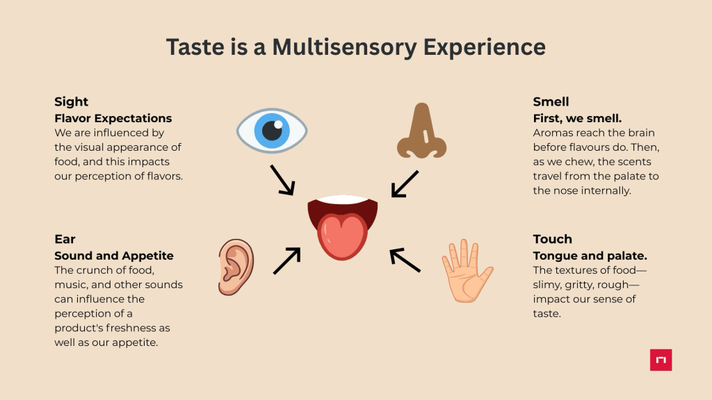 Infographic illustrating how taste is influenced by multiple senses: sight, smell, sound, and touch. Each sense's role in flavor perception is highlighted with relevant icons.