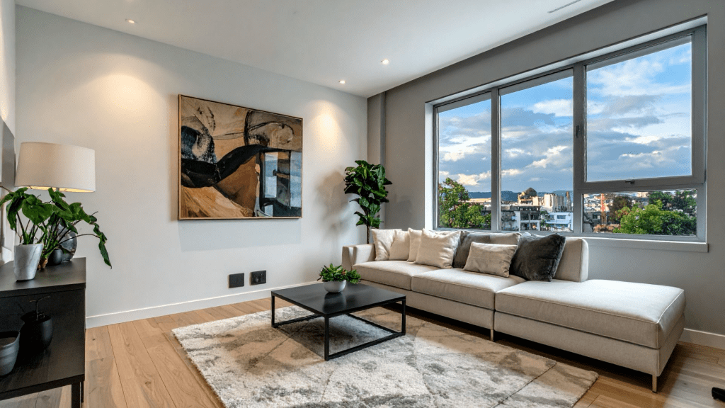 A modern living room featuring a light-coloured sofa, a black coffee table, and a decorative painting on the wall. Natural light streams in through large windows, revealing a view of trees and buildings outside.