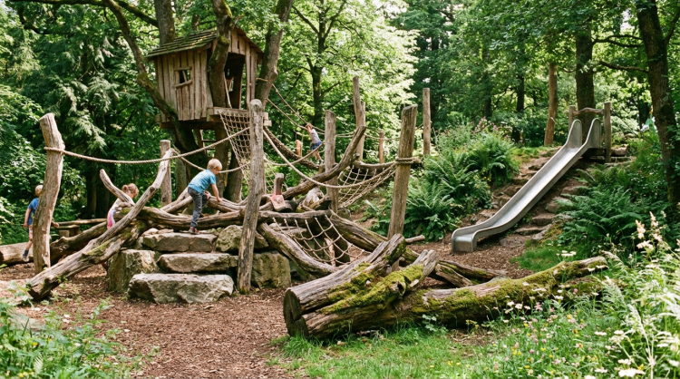 Children play on a rustic wooden climbing frame and treehouse in a green forest setting.