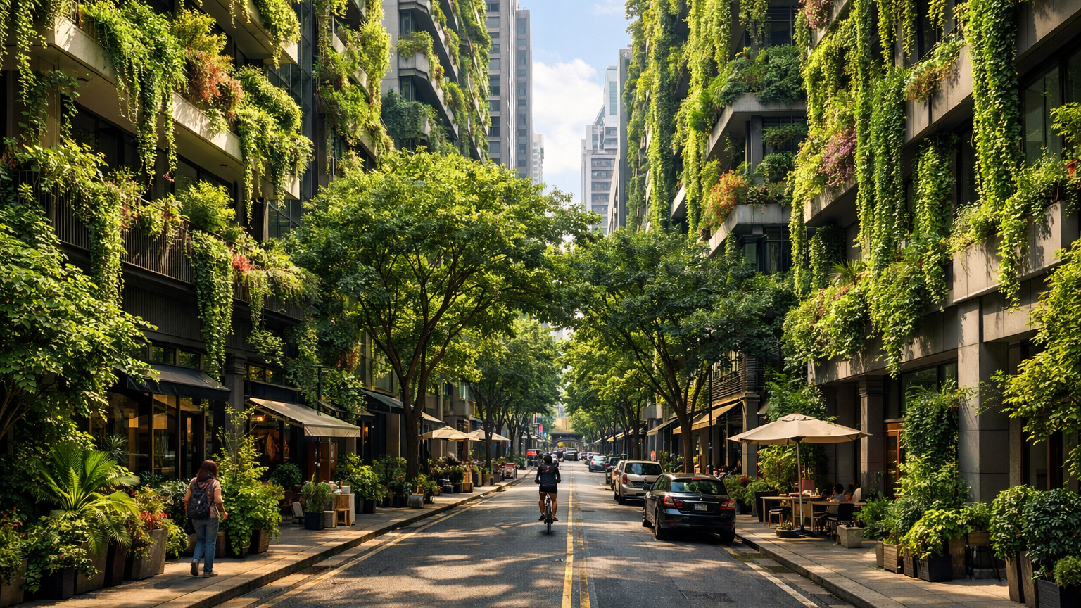 City street with buildings featuring green vertical gardens and trees lining the road