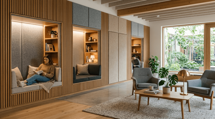 Two people in wooden built-in nooks reading and working with cushions and ambient lighting in a modern lounge.