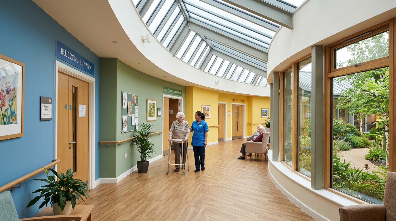 Nurse assisting elderly woman with walker in brightly colored hallway