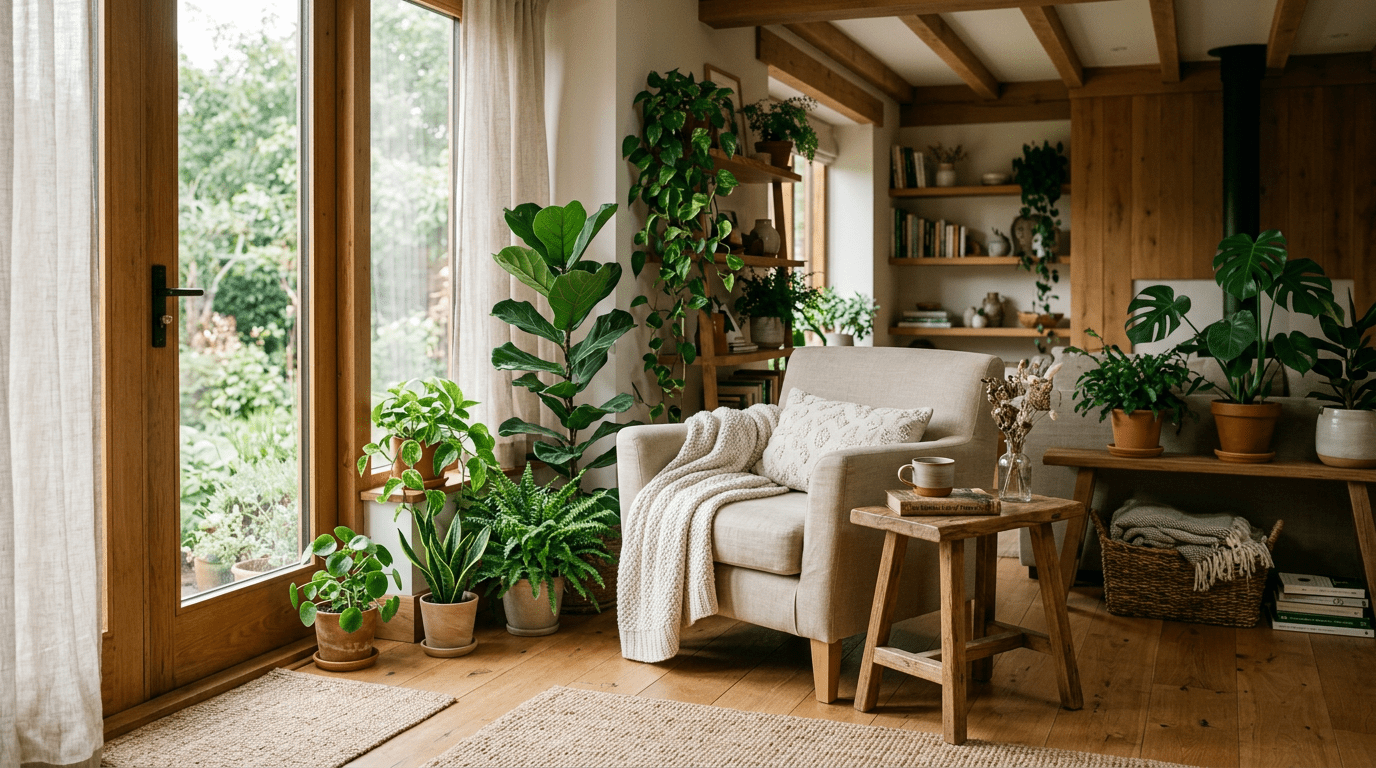 Living room with beige armchair, wooden side table, numerous green plants, and large glass doors