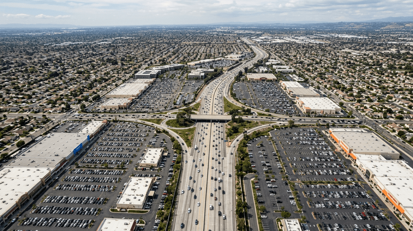 Busy freeway with cars surrounded by large parking lots and shopping centers