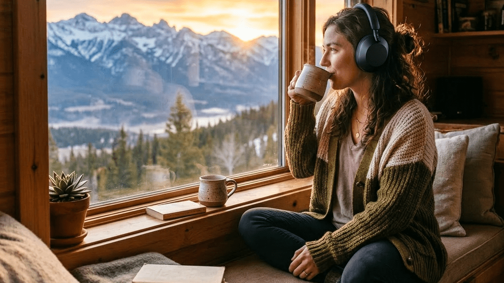 Woman sitting by window drinking coffee with snowy mountain sunrise view