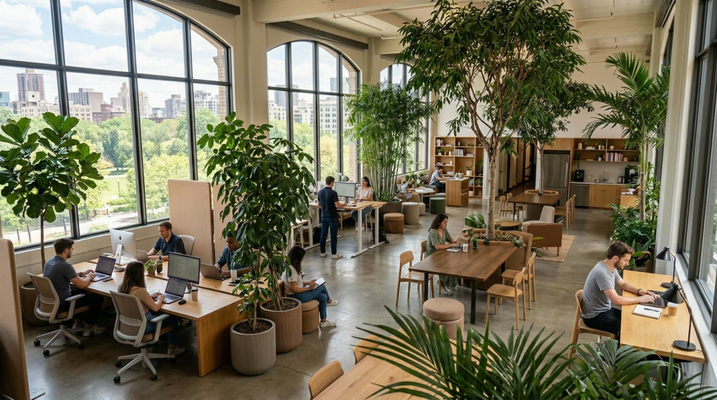 People working and collaborating in a large, plant-filled coworking space with big windows