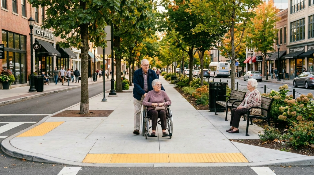Elderly man pushing woman in wheelchair on urban sidewalk with shops and trees