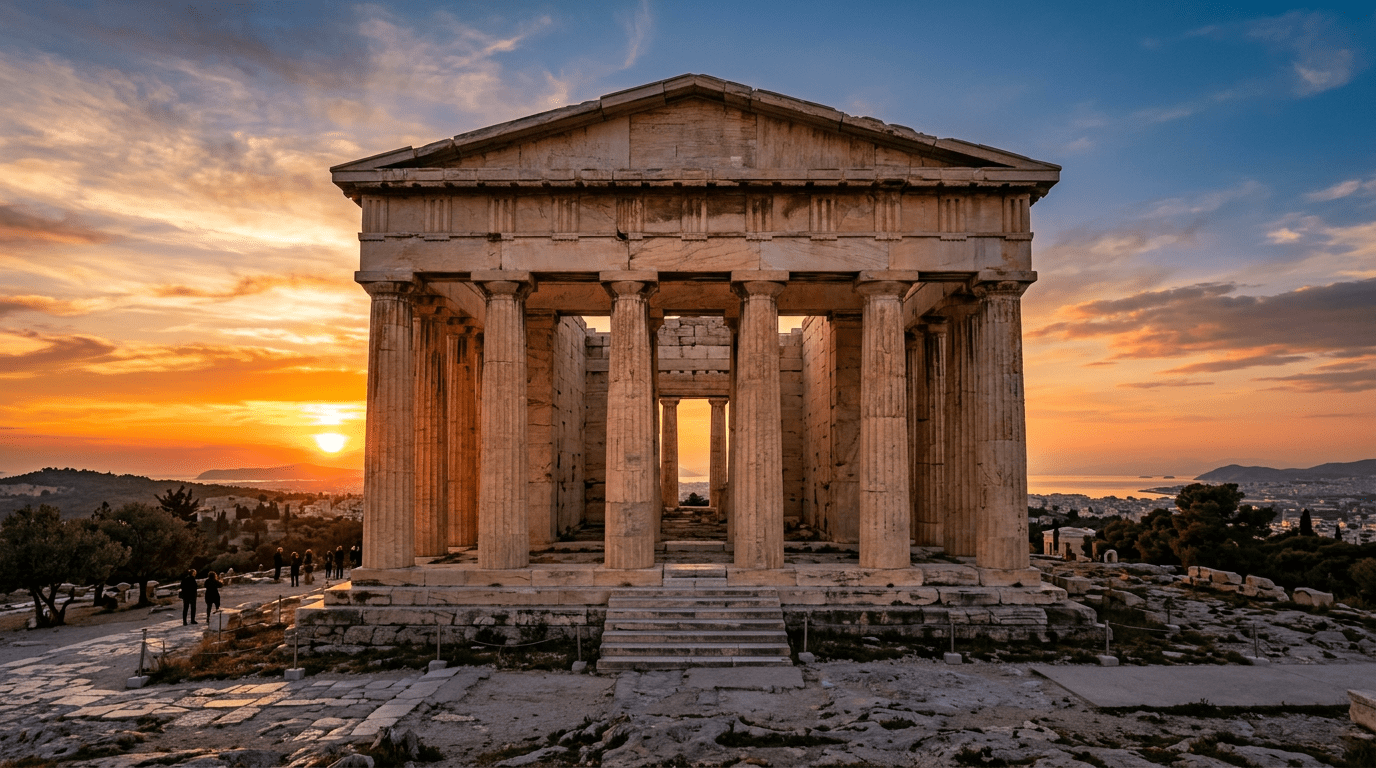 Temple of Hephaestus with sunset sky in Athens