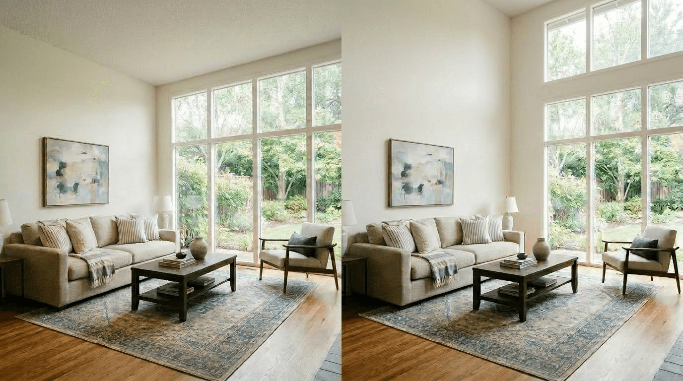 Two living rooms with beige sofa, wooden coffee table, blue patterned rug, and wall art; one with low ceiling and small window, the other with high ceiling and large floor-to-ceiling windows