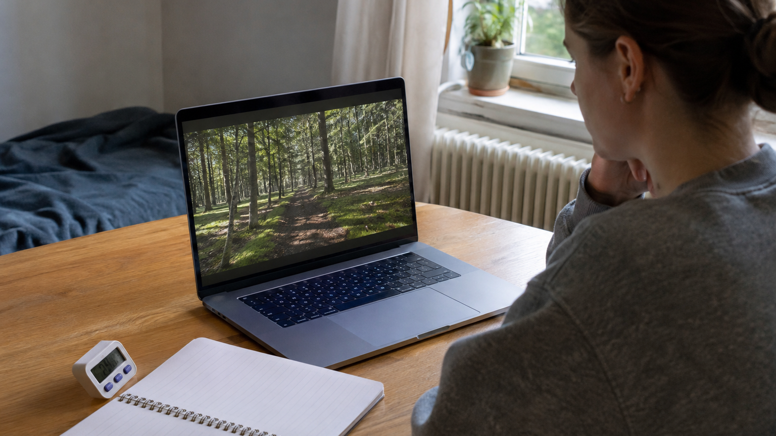 Una estudiante observa la imagen de un bosque en la pantalla de un computador portátil durante un experimento cognitivo en línea.