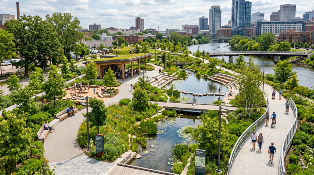 People walking, cycling and resting in a green urban park bordered by traffic.