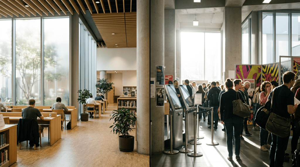 Split view of a modern public building: left side shows a calm, sunlit reading room with people working at desks; right side shows a crowded gallery event with people queuing near bright graphic displays.